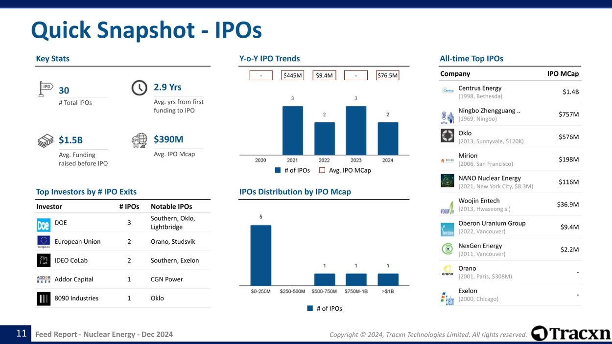 Nuclear Energy sector - IPO trends including distribution of IPOs by market capitalization.